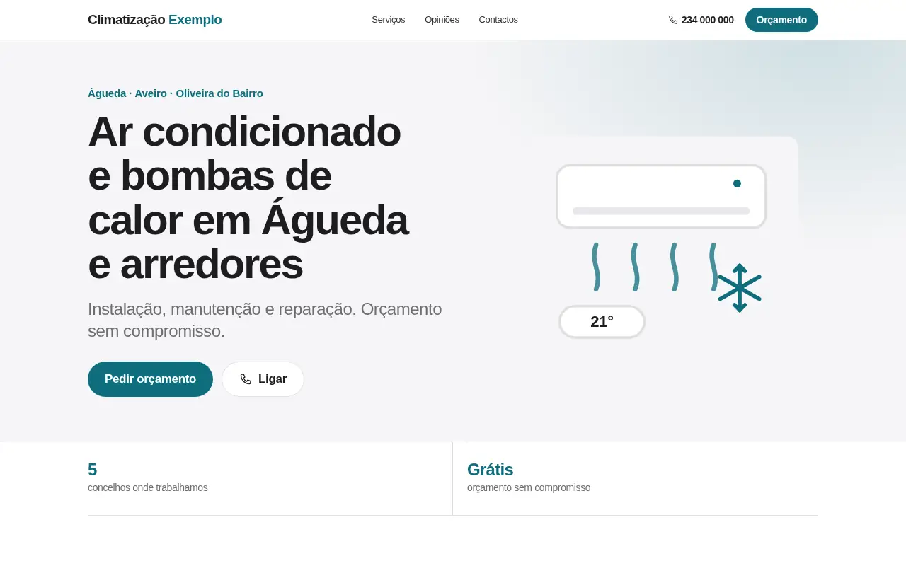 Exemplo de site de uma empresa de climatização, visto no computador.